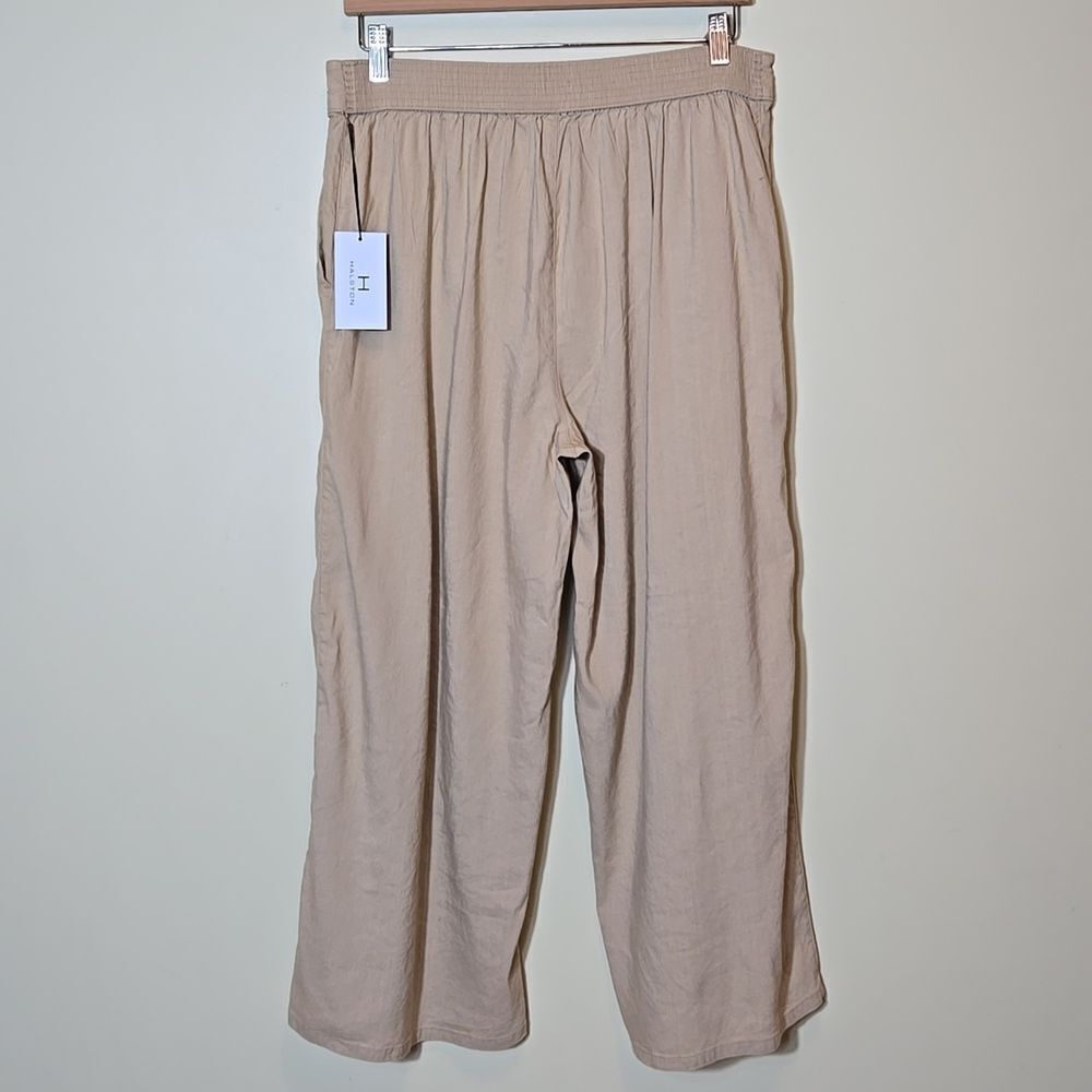 H by Halston Tan Linen Wide‎ Leg Pants NWT Size Large Pull On Crop Elastic Waist - Picture 7 of 10